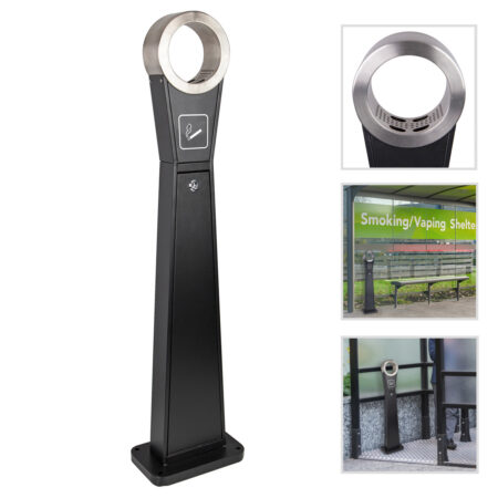 A free-standing ashtray featuring an innovative circular design and lockable base. Encourages the tidy disposal of cigarettes to reduce unsightly littering. Made from stainless steel with a black powder coated body.